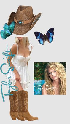 a woman in a white dress and brown cowboy hat with blue butterflies on her shoulder