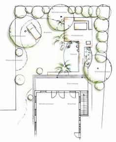 a drawing of a plan for a house with trees and plants on the ground floor