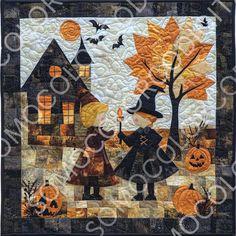 a quilted wall hanging with two children dressed as witches and pumpkins in front of a house