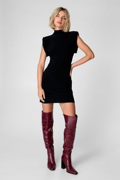 Slinky Shoulder Pad Mini Dress Red Heeled Boots, Mob Wife Aesthetic, Shoulder Pad Dress, Wife Aesthetic, Winter Outfits Aesthetic, Black Tie Party, Mob Wife, Short Playsuit, Street Style Trends