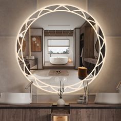 a circular mirror in the middle of a bathroom