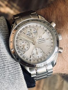 Omega Speedmaster Silver Triple Dial Reduced men’s steel 38mm wristwatch ⌚️ FOR SALE 👇 Suit Man, Omega Watches, Vintage Omega, Wrist Wear, Omega Speedmaster