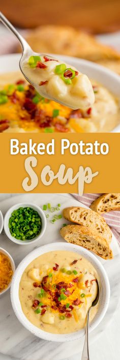 baked potato soup is being spooned into a bowl