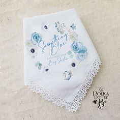 "Looking for the perfect Something Blue?  This beautiful cotton handkerchief is printed with a blue floral wreath and the sentiment \"Something Blue\".  You may personalize this with who it is from. It is shown with With Love From your Big Sister.  But we can customize this with any title or name such as \"Bridesmaids, Maid of Honor, Mom, Aunt Becky, etc\" Please note that the name portion is the only area of this hanky that can be customized.  ♥ A bit about our products ♥ All of our handkerchie Personalized White Handkerchiefs For Special Day, Blue Floral Wreath, Aunt Becky, Gift For The Bride, Something Blue Wedding, Wedding Handkerchief, Gift For Bride, Wedding Keepsakes, Stylish Wedding