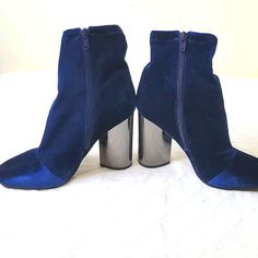 These Are Brand New With Tags.They Are Blue Suede With A 4 Inch Block Heel. Chic Blue High Ankle Heeled Boots, Blue High Ankle Heels For Party, Trendy Blue Ankle Heeled Boots, Trendy Blue High Heeled Boots, Blue High Ankle Heels For Fall, Trendy Blue Boots For Party, Blue Fitted Ankle Heeled Boots, Blue Boots For Fall Party, Fitted Blue Ankle Heeled Boots