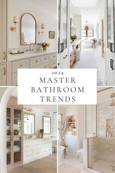 Beautiful bathroom trends for 2024, with decor ideas and designer inspiration for master bathrooms, powder rooms, vanity cabinets, color trends, lighting, small bath ideas, mixed metals, and more Bathroom Vanity Ideas Gold Hardware, Half Bath Cabinets, His And Her Bathroom Ideas Decor Master Bath, Bathroom With Cream Cabinets, Dressing Vanity Ideas, Calacatta Gold Bathroom Interior Design, Cream Master Bath Ideas, Primary Bathroom Design Ideas, Beige Master Bath Ideas