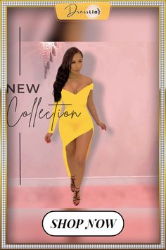 Deep V Neck Irregular Sexy Nightclub Dress Flirty One-shoulder Bodycon Dress For Club, Asymmetrical Bodycon Mini Dress For Club, Asymmetrical Bodycon Club Dress, Yellow Asymmetrical Dress For Night Out, Flirty Asymmetrical Mini Dress For Club, Asymmetrical Flirty Mini Dress For Club, Yellow One-shoulder Bodycon Dress For Night Out, Trendy Yellow Bodycon Party Dress, Yellow One-shoulder Bodycon Dress For Party