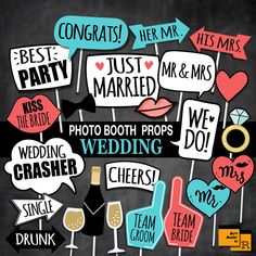 wedding photo props and signs on a chalkboard