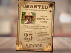 Celebrate your special day with our customizable "Wanted" birthday template! Easily editable in Canva, this digital file features a personalized photo and includes a backside design, making it perfect for unique 5x7 inch invitations. 🎉 Editable Wanted Birthday Invitation, Country Western Invitation, Cowboy Invitation, Wild West Party, Printable Wild West Invite This is a DIGITAL DOWNLOAD listing. No physical product will be mailed to you. After your purchase is confirmed, you will receive an em Western Birthday Invitations, Western Theme Party For Adults Invitations, Western Invitations Birthday, Wanted Invitation Western, Wild West Birthday Invitation, Soccer Party Invitations, Western Invitations, Cowboy Invitations, Wild West Party