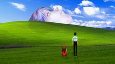 a man standing next to a woman on top of a lush green field under a blue sky