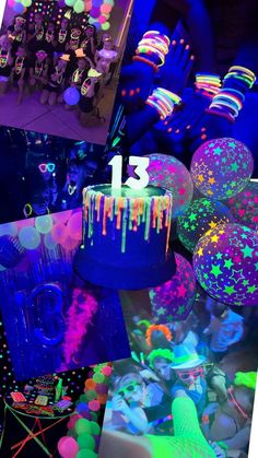 a collage of photos with neon colors and balloons in the background, including a birthday cake