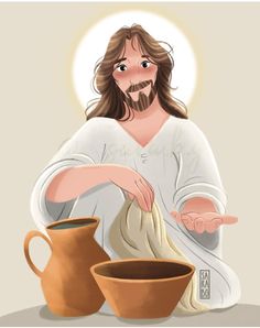 jesus washing his hands in a bowl and pitcher with the light shining on him from behind