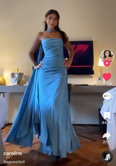 Prom Dresses With Scarves, Prom Dresses With Scarf, Light Blue Dress Aesthetic, Bridesmaids Palette, Bridesmaid Palette, Dark Blue Prom Dress, 90s Prom Dress, Chic Evening Dress, Prom Dress Inspo