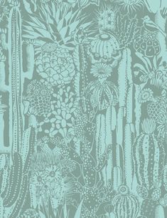 a wallpaper with cactus and succulents in shades of blue, green and white