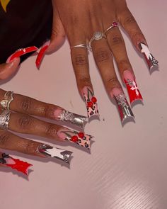 Red Junk Nails, Trap Nails, Nail Designs Bling, Retro Nails, Wow Nails, Red Acrylic Nails