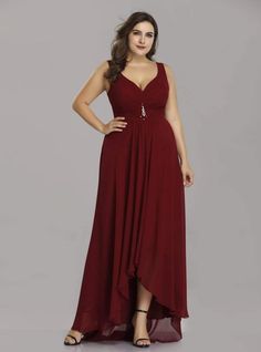 Silhouette:a-line Hemline:hi lo Neckline:v-neck Fabric:chiffon Shown Color:burgundy Sleeve Style:sleeveless Back Style:zipper up Embellishment:pleats beading High Low Party Dresses, High Low Evening Dresses, High Low Cocktail Dress, Chiffon Party Dress, High Low Gown, Look Plus Size, Plus Size Bridesmaid, Plus Size Formal, Formal Cocktail Dress