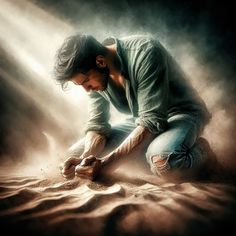 a man kneeling down in the sand with his hands on his knees