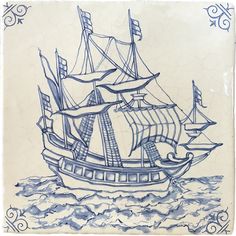 a blue and white tile with a ship on it