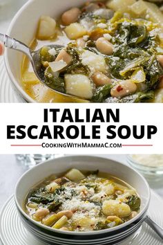 italian escarole soup with spinach and potatoes in a white bowl