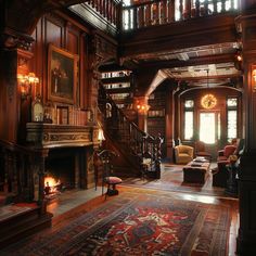 an ornate living room with wood paneling and stairs