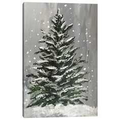 a painting of a pine tree in the snow with falling snowflakes on it