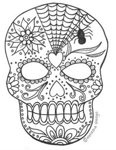 a sugar skull with spider webs on it's head and flowers in the middle