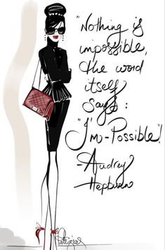 a drawing of a woman holding a red purse and wearing a black dress with writing on it