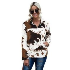 Small 0:4Med 6/8Large 10/12Xl 14/16 Casual Cow Print Tops For Fall, Casual Long Sleeve Cow Print Top, Casual Long Sleeve Tops With Cow Print, Ladies Sweatshirt, Country Girls Outfits, Jackets Winter, Zip Collar, Sherpa Pullover, Flannel Jacket