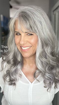 Today is the day that I jump into the next decade of my life…. my 50s. 🎉🤍 I can’t wait to see what the next half of my life has in store f… | Instagram Long Hair Older Women, Grey Hair And Glasses, Long Silver Hair, Grey Hair Over 50, Big Curls