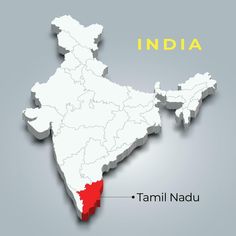 a map of india with the capital and country name highlighted in red, on a gray background