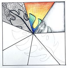 a drawing with different colors and shapes on it's paper, as well as an arrow