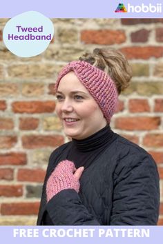 a woman wearing a pink knitted headband with text overlay that reads, free crochet pattern