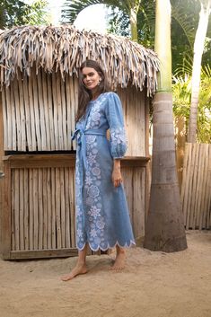 Meet Paloma: lady like sophistication in blue linen with whimsical embroidery and appliqué. 100% linen with snap closures, tie belt and a scalloped hemline. Dry clean only. Runs true to size but size up for a blousy look. Sizing: XS: 2-4, S: 4-6, M: 6-8, L: 10-12, XL: 14 Whimsical Embroidery, Paloma Dress, European Elegance, Sophisticated Jewelry, Classic Americana, French Blue, Blue Accents, Beautiful Embroidery, Tie Belt