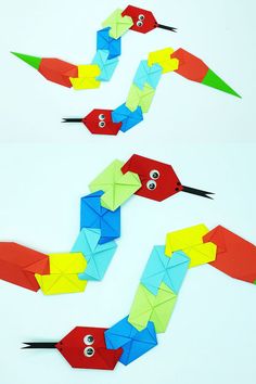 three origami birds with eyes and beaks