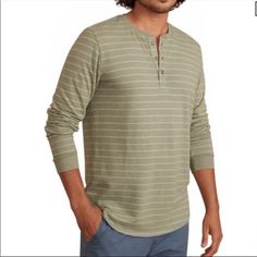 Nwt Marine Layer Long Sleeve Henley Shirt Dusty Olive Size Xl Brand New With Tags Super Soft! Casual Henley Neckline Tops For Gatherings, Green Cotton Henley Neckline Top, Green Cotton Top With Henley Neckline, Casual Henley Neckline Tops With Relaxed Fit, Casual Striped Shirt For Loungewear, Casual Henley Neckline Tops For Loungewear, Henley Shirt Men, Layered Long Sleeve, Marine Layer