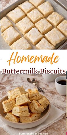 homemade buttermilk biscuits on a plate and in the background is a pan