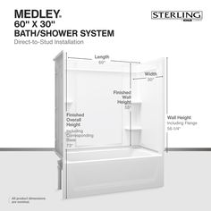 the diagram shows how to install a bathtub and shower system with measurements for each section