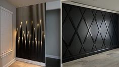 two different views of an empty room with wood flooring and black panels on the walls