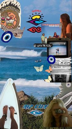 a collage of photos with people and surfboards in the background, including an image of a woman holding a camera