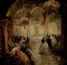 an image of a painting of people dancing in the hall with chandeliers hanging from the ceiling