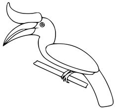 a black and white drawing of a toucan bird on a branch with a large beak