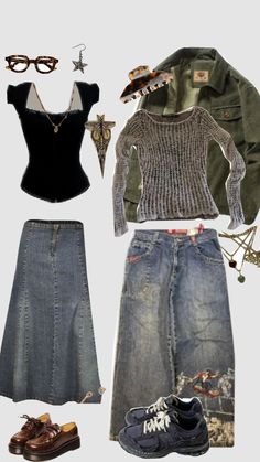 an assortment of clothing and accessories including shoes