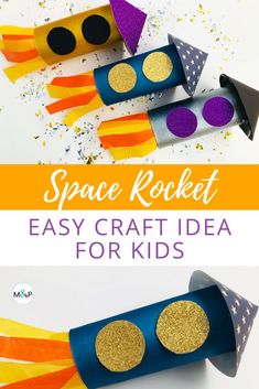 an easy rocket craft for kids to make with construction paper and gold glitter on it