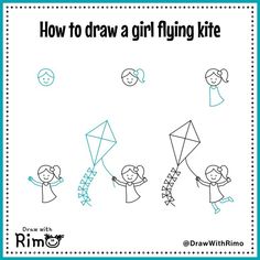 how to draw a girl flying a kite with her friends in the sky coloring page