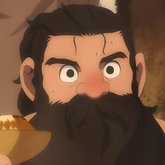 an animated man with a beard and long black hair holding a banana in his hand