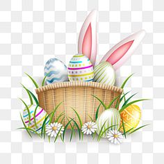 an easter basket with painted eggs and flowers on the grass, transparent background png