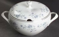 a large white casserole with blue flowers on it and a lid is shown