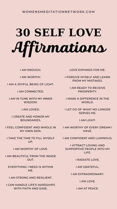 the 30 self love affirmations are shown in black and white on a pink background