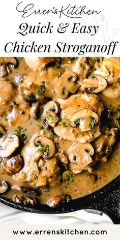 a skillet filled with chicken and mushrooms covered in gravy