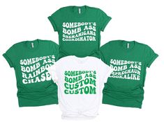 "Looking for the perfect gift for your loved ones this St Patricks Day? Look no further than our matching retro Somebodys Bombass St Patricks Day shirts! Our funny groovy designs and sayings are a great way to show your fun side and celebrate St Patrick's Day, These shirts are sure to make them smile. So don't wait any longer - order your St Paddys shirt today! * HOW TO ORDER *  ✺ Please note this is not a set and each shirt will need to be ordered individually and listing is for top only ✺ Please, check and review all photos.  ✺ Choose your style, size and color. Size chart is in pictures.   ✺ Click add to cart. You can go back to add more product ✺ At personalization enter information required ( Please Double-check for accuracy, this will be copied exactly as written. ✺ Click \"Proceed t St Patty Group Shirts, St Patty’s Day Shirt Ideas, Funny Saint Patrick's Day Shirt, Bartender St Patricks Day Shirt, St. Patrick's Day Graphic Tee, Friends Tee, Little Sister Gifts, Group Shirts, Make Her Smile